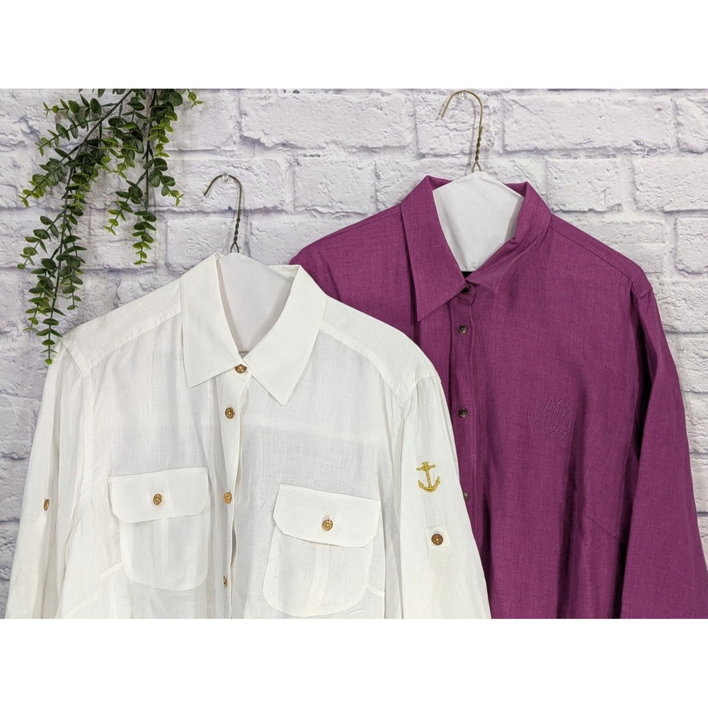 LINEN LOT 2🌿Lauren Ralph Lauren 1X Big Logo LRL GoldButton Nautical Shirt Women